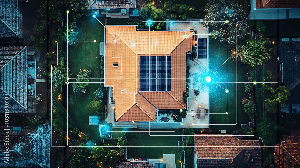 Fototapeta premium A flat lay of a hydrogen fuel cell system connected to a home energy grid, with charts showing reduced emissions and energy efficiency.