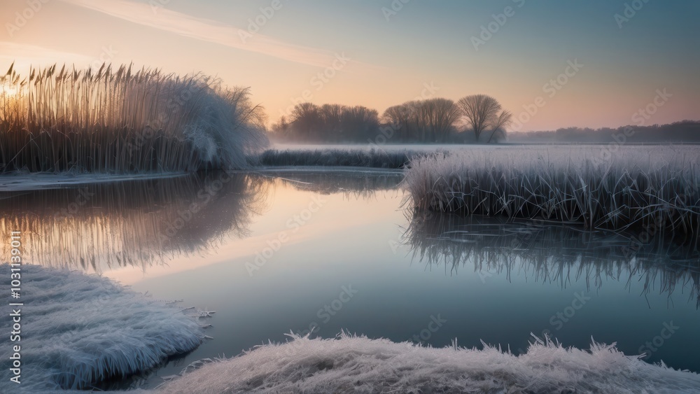 Frost-covered grasses surround a frozen pond at dawn, creating a tranquil winter scene. The calm waters and icy formations reflect the quiet beauty of the rural landscape in winter Frost-covered grasses surround a frozen pond at dawn, creating a tranquil winter scene. The calm waters and icy formations reflect the quiet beauty of the rural landscape in winter