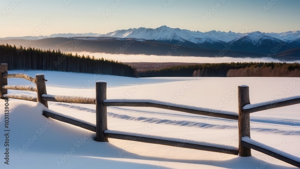 Naklejka premium A wooden fence divides the snow-blanketed countryside, extending towards the distant hills under a stunning winter sunset. This peaceful rural winter landscape captures the essence of untouched nature