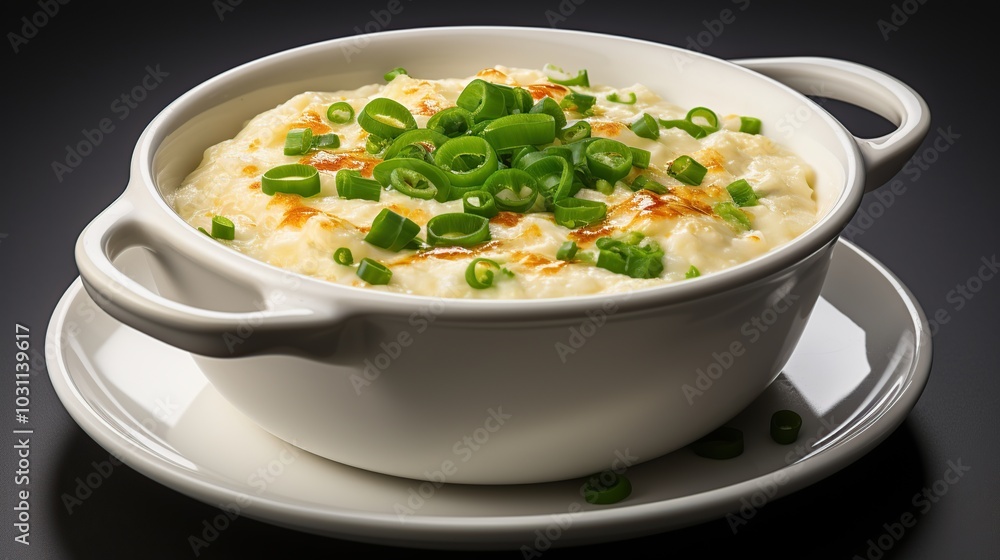 A white bowl filled with creamy mashed potatoes topped with green onions and a drizzle of melted butter, served on a white plate. A white bowl filled with creamy mashed potatoes topped with green onions and a drizzle of melted butter, served on a white plate.