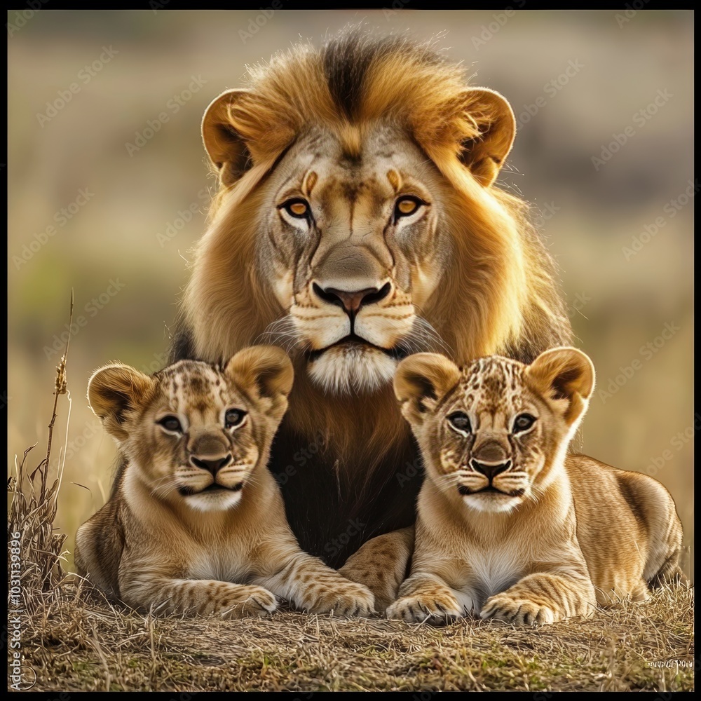 Proud Lion Father With Cubs, African Wildlife, Serengeti National Park. Majesty King. Animal Family Proud Lion Father With Cubs, African Wildlife, Serengeti National Park. Majesty King. Animal Family
