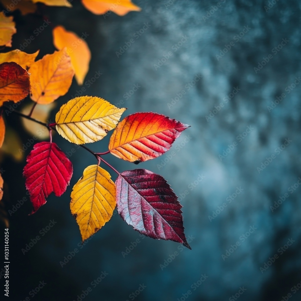 Fototapeta premium Vibrant autumn leaves showcasing a blend of reds, yellows, and oranges. The colorful foliage stands out against a soft blurred background. A beautiful nature image ideal for seasonal themes. AI