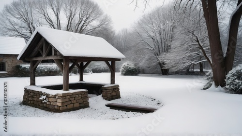 Wallpaper Mural A rustic stone well nestled in the snow-covered forest, with snow softly blanketing the entire landscape. The serene winter atmosphere of the rural countryside creates a sense of calm and quiet Torontodigital.ca