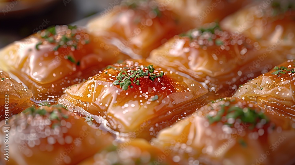 Close up of baklava, a sweet pastry, with a syrup glaze and pistachios on top. Close up of baklava, a sweet pastry, with a syrup glaze and pistachios on top.