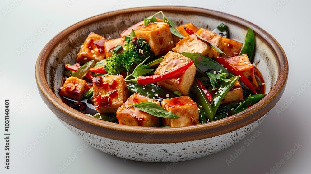 Close-up of a bowl of tofu stir-fry with broccoli, peppers, and a savory sauce. Close-up of a bowl of tofu stir-fry with broccoli, peppers, and a savory sauce.