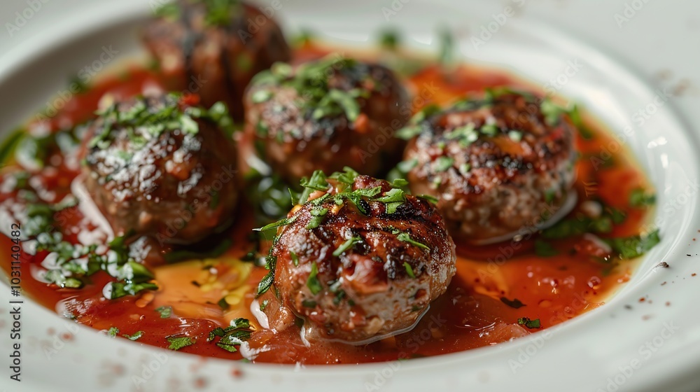 Close-up of a plate of four savory, meatball appetizers, topped with fresh parsley and a tomato sauce base. Close-up of a plate of four savory, meatball appetizers, topped with fresh parsley and a tomato sauce base.