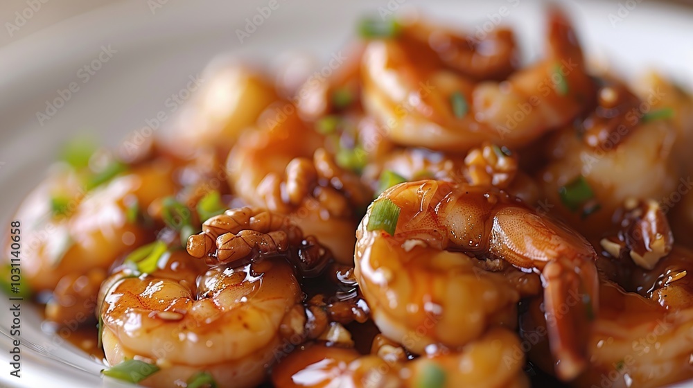 Close-up of a plate of shrimp with a sweet and savory sauce, garnished with chopped green onions and walnuts.