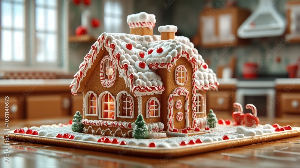 A gingerbread house with a lit window sits on a table in a kitchen. A gingerbread house with a lit window sits on a table in a kitchen.