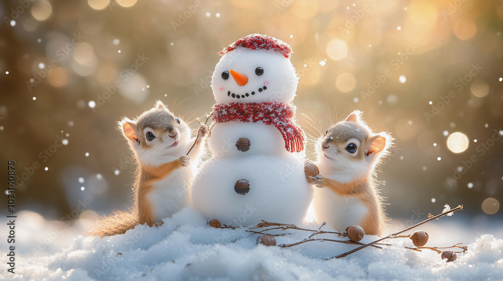 small, funny, cute squirrels playing and building a snowman together in the wildlife of nature during the winter season