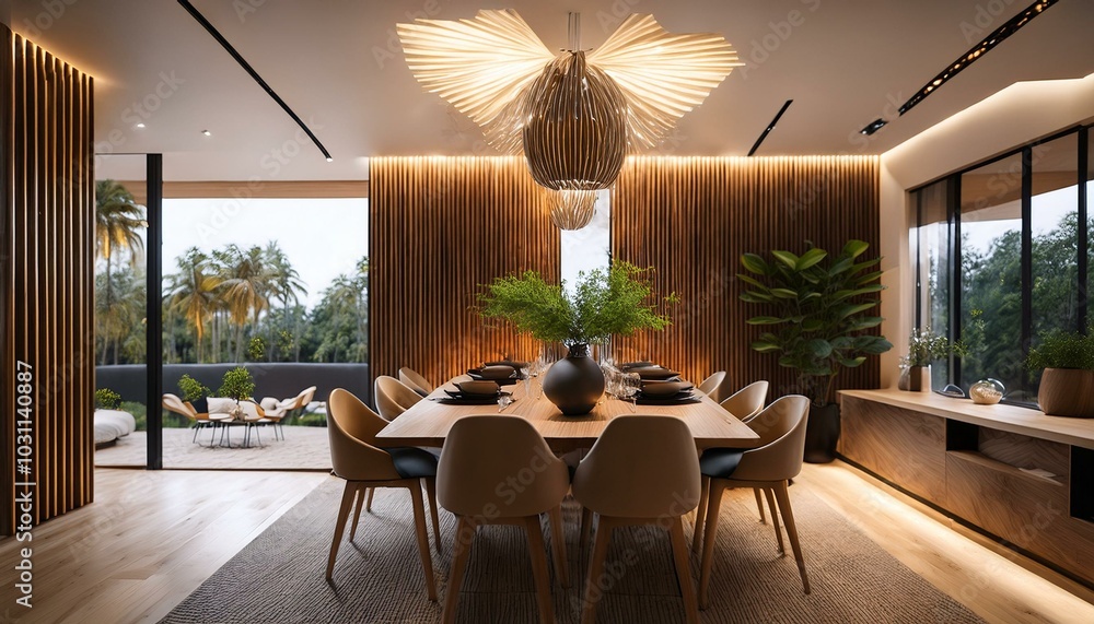 Fototapeta premium Modern dining room featuring wood accents and elegant lighting. Home design concept. 3D Rendering