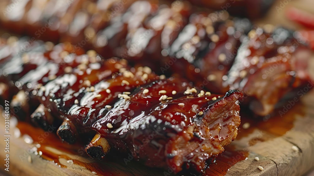 Close-up of grilled pork ribs glazed with a sticky, sweet sauce and sprinkled with sesame seeds on a wooden cutting board. Close-up of grilled pork ribs glazed with a sticky, sweet sauce and sprinkled with sesame seeds on a wooden cutting board.