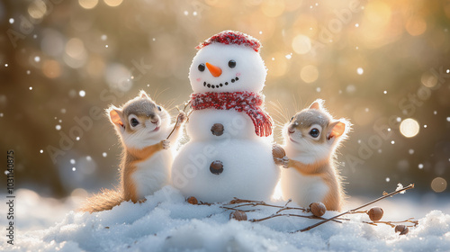 Obraz na płótnie small, funny, cute squirrels playing and building a snowman together in the wildlife of nature during the winter season w salonie
