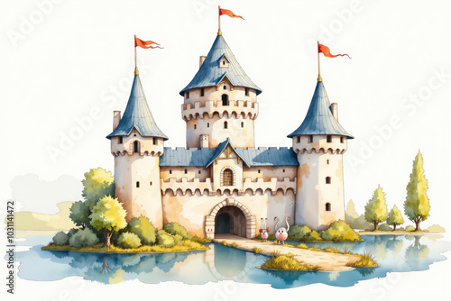 Two funny characters walking on bridge leading to medieval castle