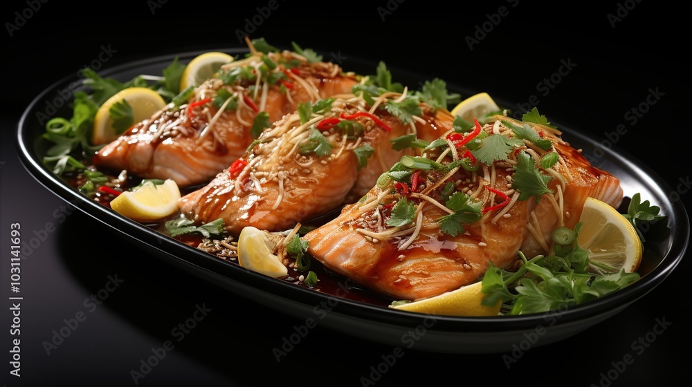 Three salmon fillets glazed with teriyaki sauce and topped with lemon, cilantro, and ginger on a black platter against a black background. Three salmon fillets glazed with teriyaki sauce and topped with lemon, cilantro, and ginger on a black platter against a black background.