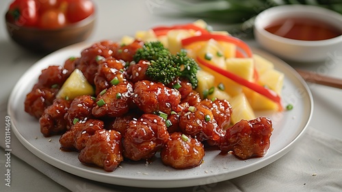 Sweet and sour chicken with pineapple and peppers served on a white plate with a side of sauce.