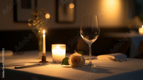 A romantic dinner setting with a candle, rose, and wine glass.