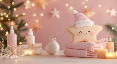 A cute, smiling Christmas star sits on folded towels, surrounded by lit candles, pine branches, and soft holiday lighting
