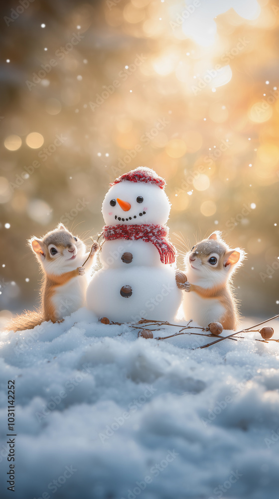 small, funny, cute squirrels playing and building a snowman together in the wildlife of nature during the winter season