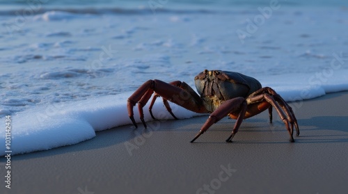 A crab scuttling along the beach, with the sea water rolling in and out around it. The sandy shoreline is captured in detail. photo