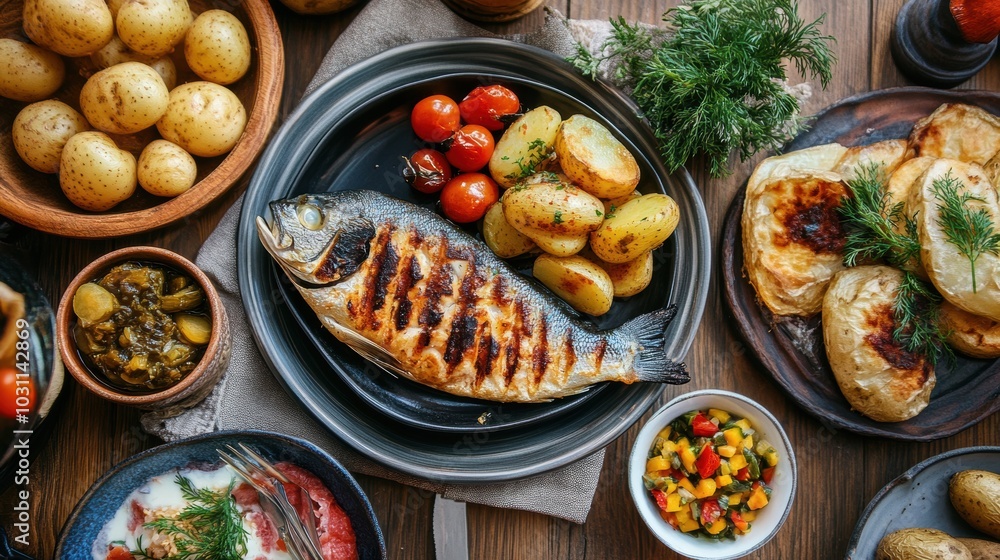 Grilled fish with roasted potatoes, served with a variety of side dishes on a rustic wooden table for a hearty meal.
Grilled fish with roasted potatoes, served with a variety of side dishes on a rustic wooden table for a hearty meal.