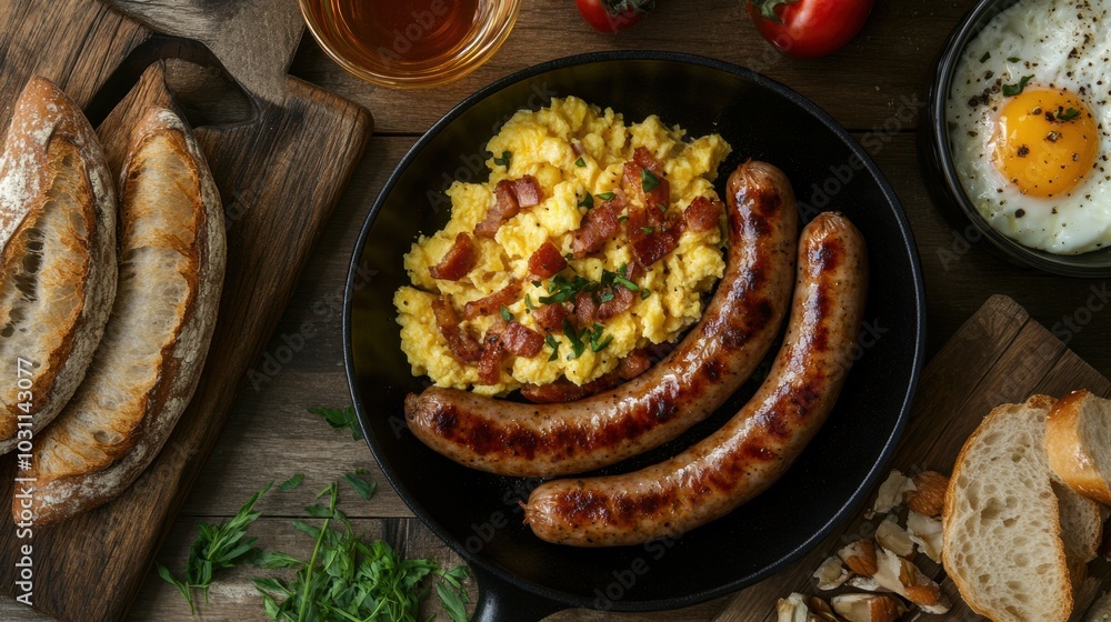 Rustic breakfast with scrambled eggs, grilled sausages, fresh bread, and herbs served in a skillet alongside a fried egg and tomato.
