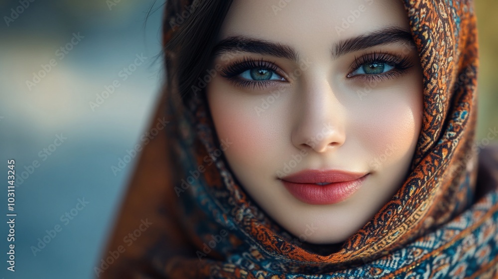 Close-up portrait of a beautiful young woman with blue eyes wearing a headscarf. Close-up portrait of a beautiful young woman with blue eyes wearing a headscarf.