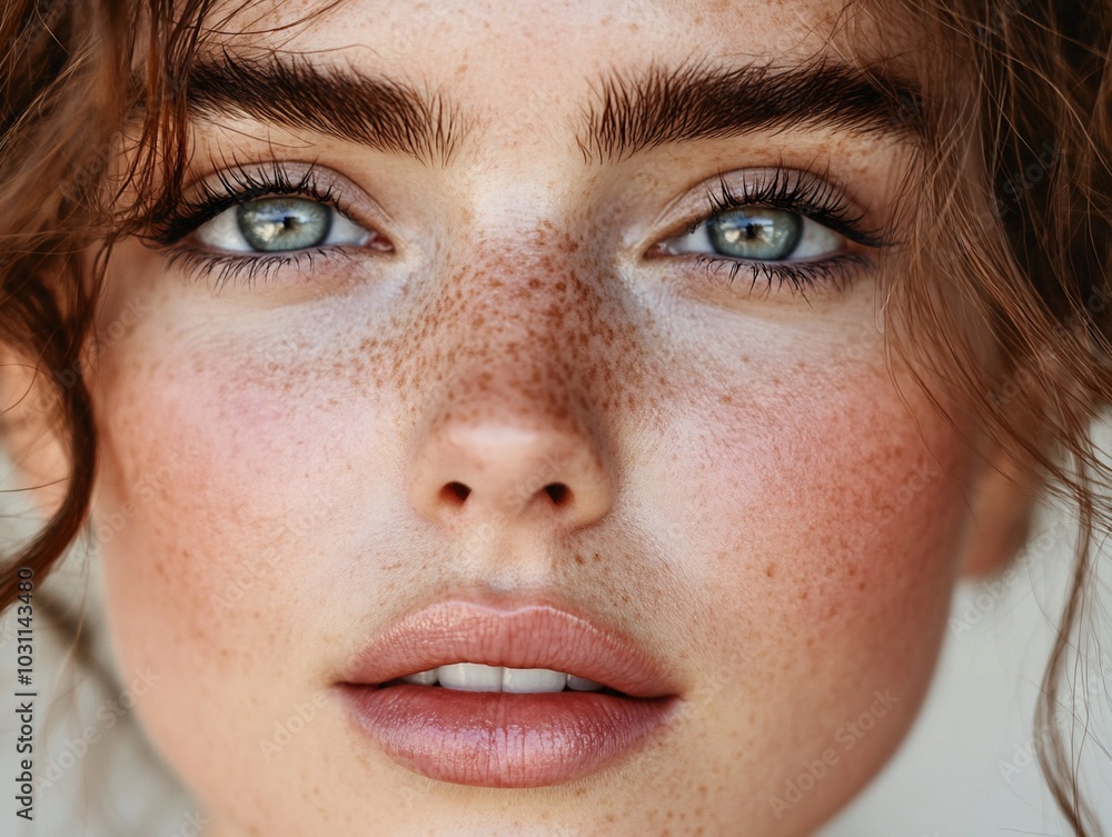 Close-up portrait of a young woman with freckles and blue eyes. Close-up portrait of a young woman with freckles and blue eyes.