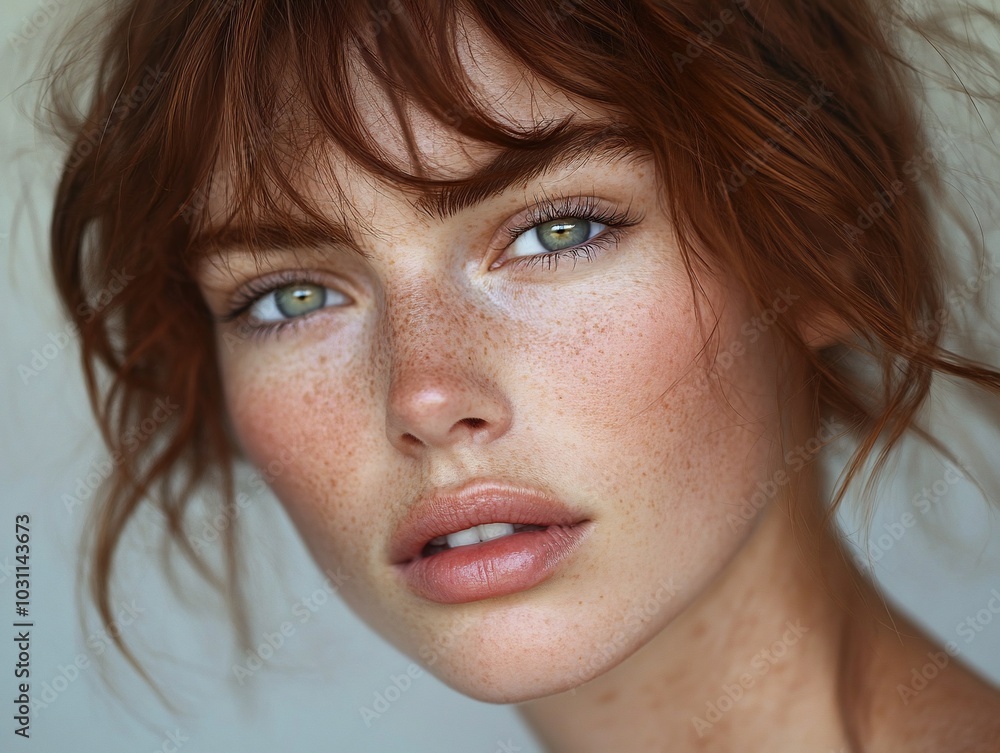 Close-up portrait of a young woman with red hair and freckles, looking directly at the camera. Close-up portrait of a young woman with red hair and freckles, looking directly at the camera.