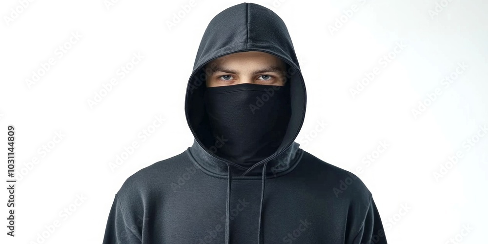 A person in a black hoodie and mask stares directly at the camera. The style is urban and modern. This image can represent anonymity, mystery, or a vigilant presence. AI A person in a black hoodie and mask stares directly at the camera. The style is urban and modern. This image can represent anonymity, mystery, or a vigilant presence. AI