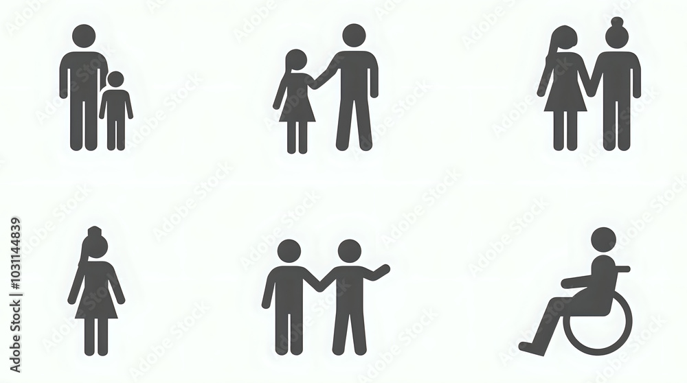 A set of solid vector icons representing various people icons for work groups, including teachers, families, children, and individuals with disabilities. A set of solid vector icons representing various people icons for work groups, including teachers, families, children, and individuals with disabilities.