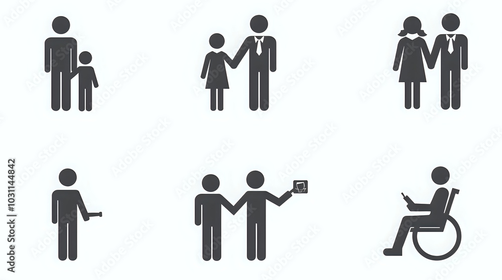 A set of solid vector icons representing various people icons for work groups, including teachers, families, children, and individuals with disabilities. A set of solid vector icons representing various people icons for work groups, including teachers, families, children, and individuals with disabilities.