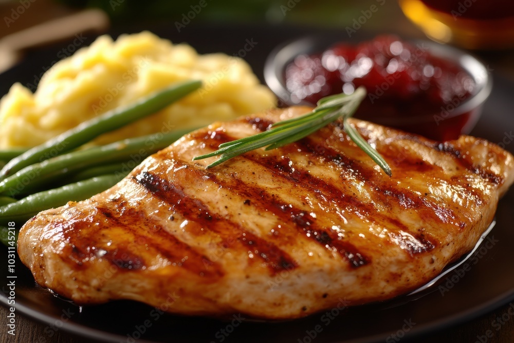 Grilled chicken with mashed potatoes and cranberry sauce, autumn food photography Grilled chicken with mashed potatoes and cranberry sauce, autumn food photography