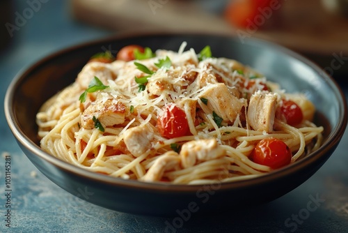 Spaghetti with chicken, cherry tomato and cheese, selective focus - generative ai