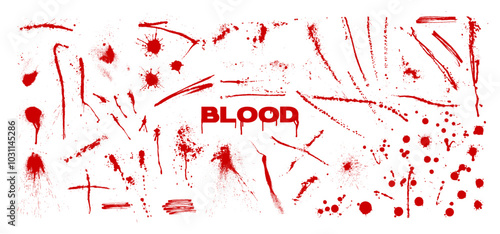 Various blood splashes, traces, drops and streaks. Vector set of bloody elements, concept of horror, violence, crime. Bloody set of elements, traces of splashes of different types. Vector graphic set