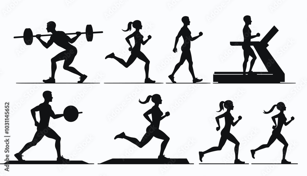 Silhouettes of men and women performing various exercises, showcasing athletic fitness and movement.
