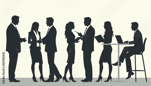 Silhouette of diverse professionals engaged in discussions and working collaboratively in a business setting.