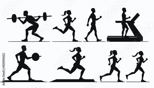 Silhouettes of men and women performing various exercises, showcasing athletic fitness and movement.