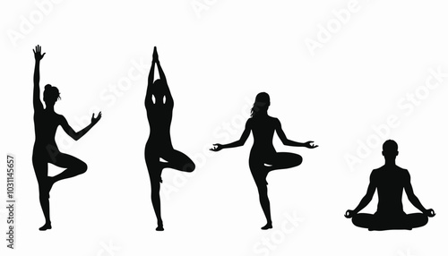 Silhouettes of four individuals practicing yoga, showcasing various poses against a plain white background.