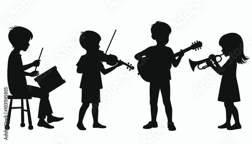 Silhouettes of children playing musical instruments, showcasing a young band with a drummer, violinist, guitarist, and trumpet player.