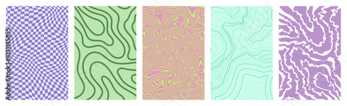 Retro vibe posters template, trippy psychedelic background with lines, topographic and checkered background. Groovy and funky posters, brochure, covers. Vector graphic geometric pattern. Vector set