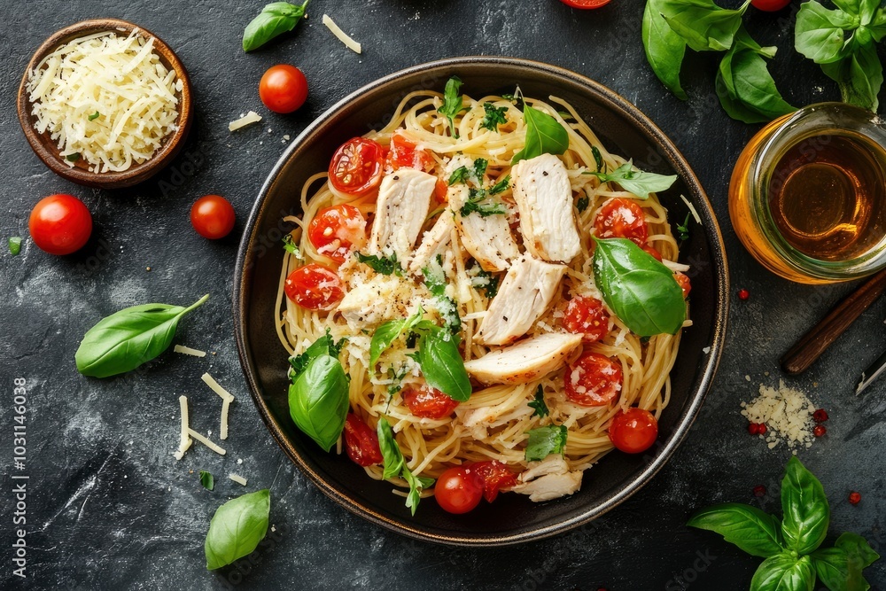 Spaghetti with chicken, cherry tomato and cheese, selective focus - generative ai Spaghetti with chicken, cherry tomato and cheese, selective focus - generative ai