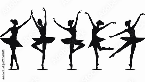 Silhouettes of female ballet dancers in elegant poses, showcasing grace and poise against a white background.