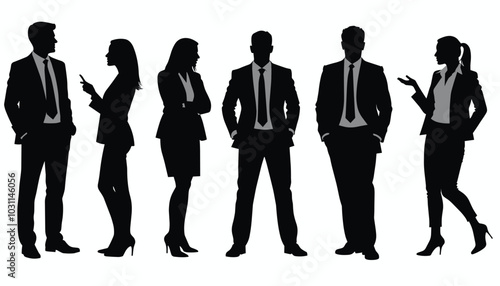 Silhouettes of diverse business professionals engaging in conversation, showcasing dynamic interaction and collaboration.