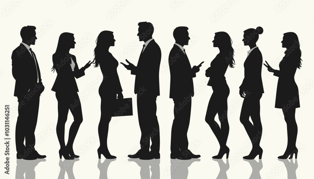 Silhouettes of diverse men and women in conversation, dressed in business attire against a neutral background, symbolizing professional dialogue and networking. Silhouettes of diverse men and women in conversation, dressed in business attire against a neutral background, symbolizing professional dialogue and networking.