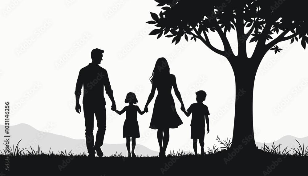 Silhouette of a family of four walking hand in hand under a tree, symbolizing unity and togetherness against a scenic backdrop. Silhouette of a family of four walking hand in hand under a tree, symbolizing unity and togetherness against a scenic backdrop.