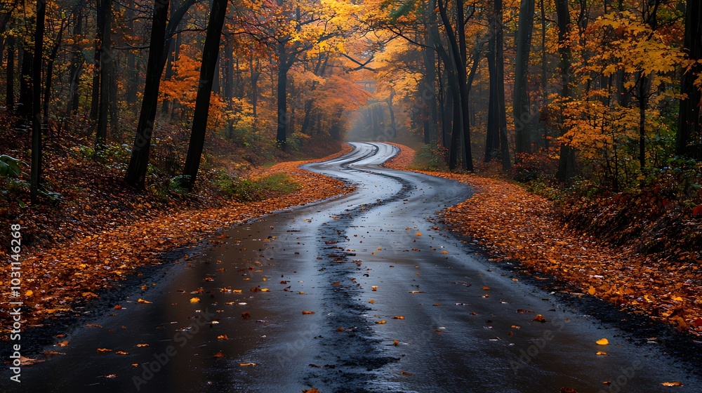 Obraz premium A winding road through an autumn forest, with fallen leaves scattered on the wet pavement. The trees are a mix of orange, yellow, and red.