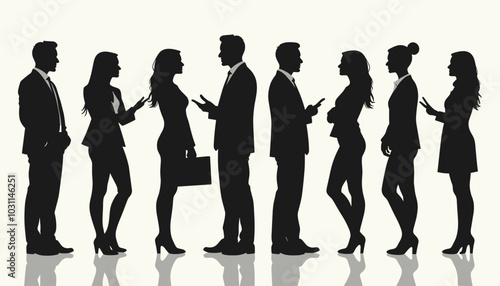Silhouettes of diverse men and women in conversation, dressed in business attire against a neutral background, symbolizing professional dialogue and networking.