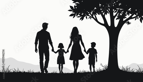 Silhouette of a family of four walking hand in hand under a tree, symbolizing unity and togetherness against a scenic backdrop.