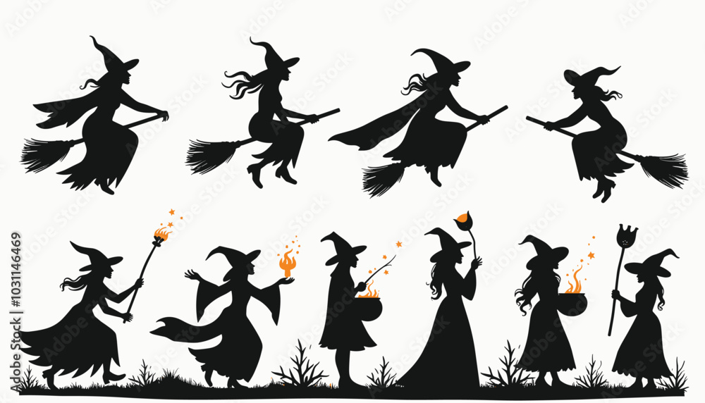 Silhouettes of witches in various poses, casting spells and flying on broomsticks, depicted with dramatic gestures in a mystical and magical scene. Silhouettes of witches in various poses, casting spells and flying on broomsticks, depicted with dramatic gestures in a mystical and magical scene.