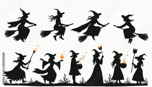 Silhouettes of witches in various poses, casting spells and flying on broomsticks, depicted with dramatic gestures in a mystical and magical scene.